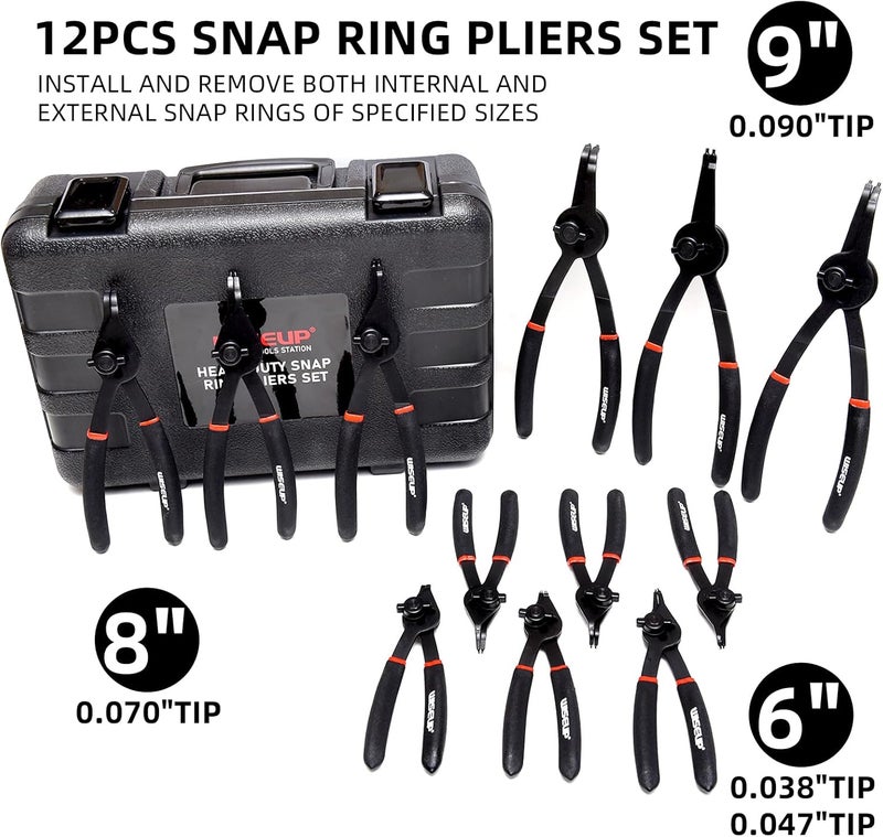 WISEUP 12 Pcs Snap Ring Pliers Set, Heavy Duty Internal/External Circlip Pliers Kit tool, Straight/Bent Jaw Tips with Storage Case for C-Clip Ring Remover - Image 2